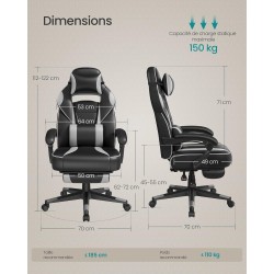 SONGMICS OBG073B03 | Fauteuil Gaming Réglable | Repose-pieds | Noir et Gris