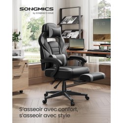 SONGMICS OBG073B03 | Fauteuil Gaming Réglable | Repose-pieds | Noir et Gris